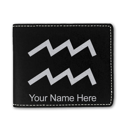 Faux Leather Bi-Fold Wallet, Zodiac Sign Aquarius, Personalized Engraving Included