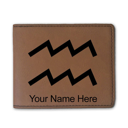 Faux Leather Bi-Fold Wallet, Zodiac Sign Aquarius, Personalized Engraving Included