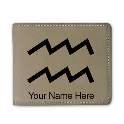 Faux Leather Bi-Fold Wallet, Zodiac Sign Aquarius, Personalized Engraving Included