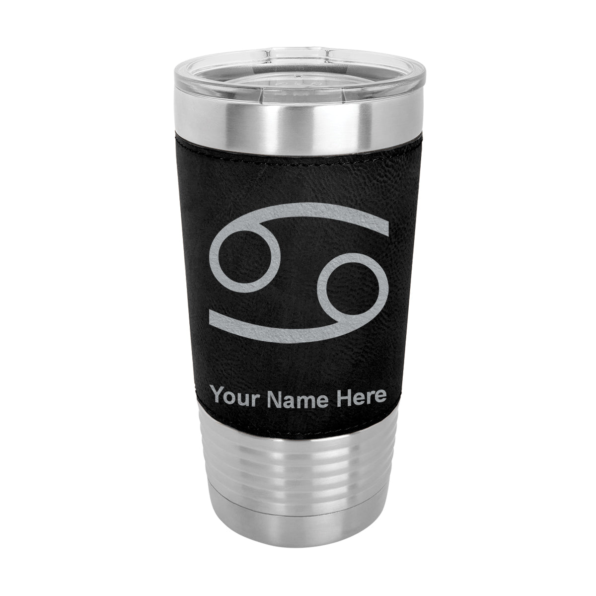 20oz Faux Leather Tumbler Mug, Zodiac Sign Cancer, Personalized Engraving Included