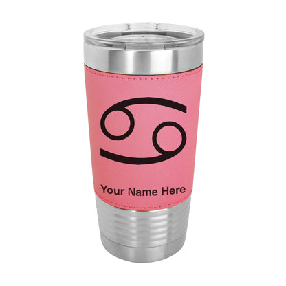 20oz Faux Leather Tumbler Mug, Zodiac Sign Cancer, Personalized Engraving Included