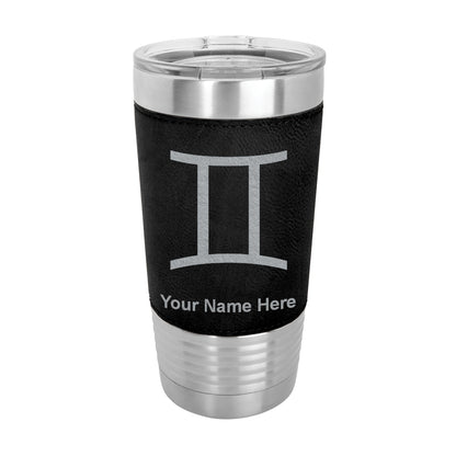 20oz Faux Leather Tumbler Mug, Zodiac Sign Gemini, Personalized Engraving Included
