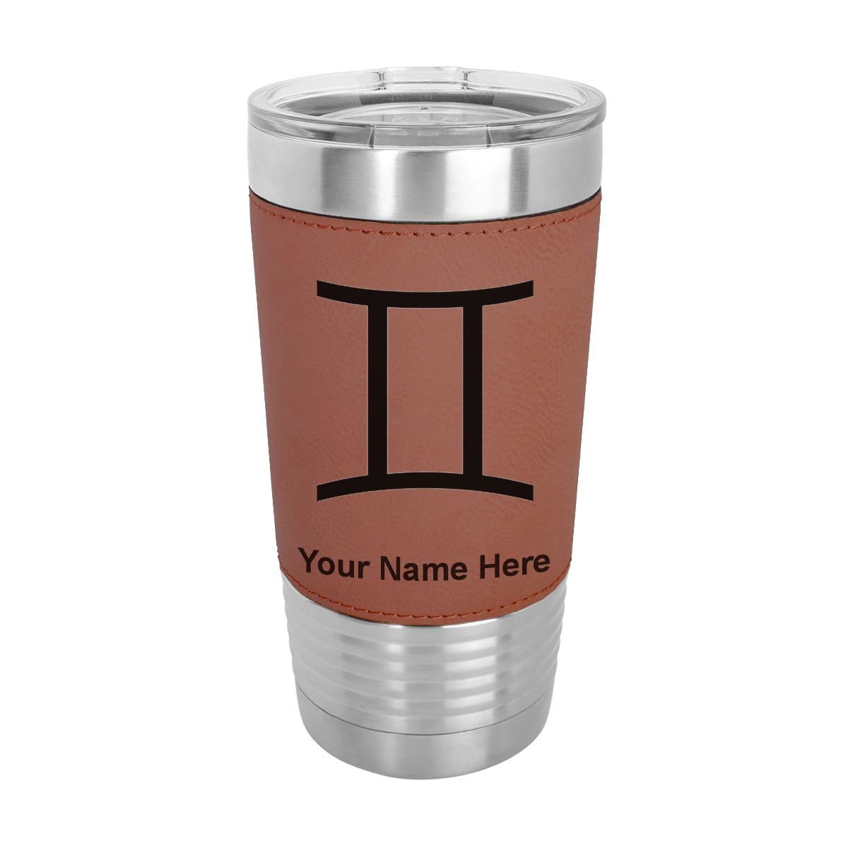20oz Faux Leather Tumbler Mug, Zodiac Sign Gemini, Personalized Engraving Included