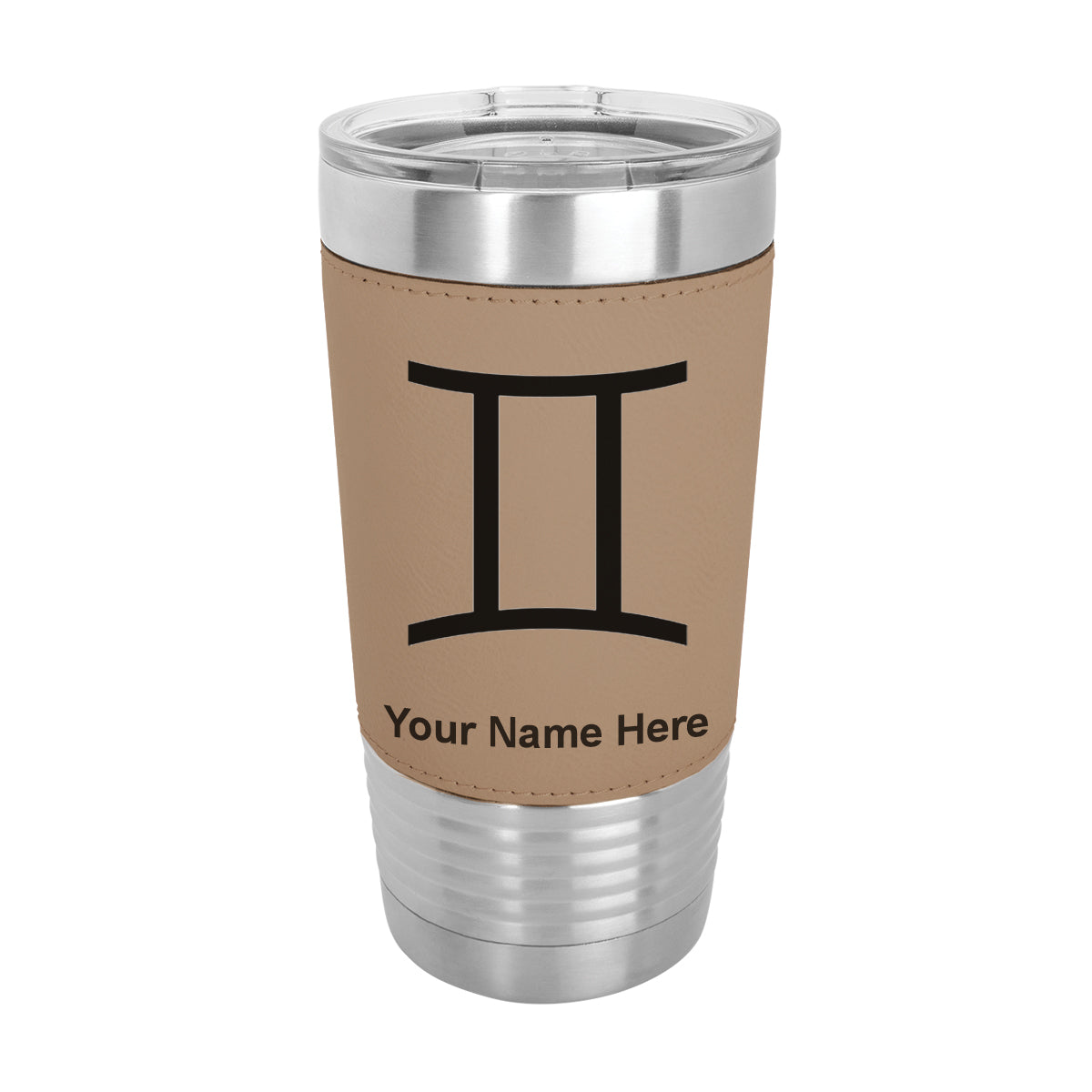 20oz Faux Leather Tumbler Mug, Zodiac Sign Gemini, Personalized Engraving Included