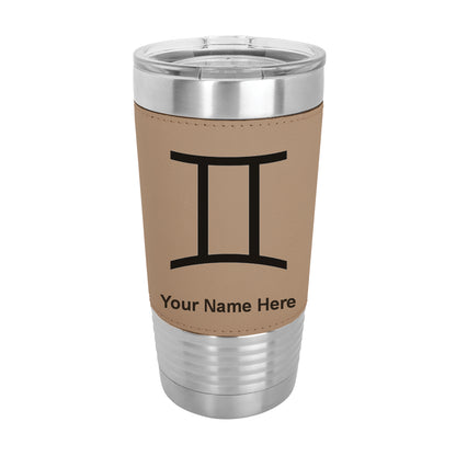 20oz Faux Leather Tumbler Mug, Zodiac Sign Gemini, Personalized Engraving Included