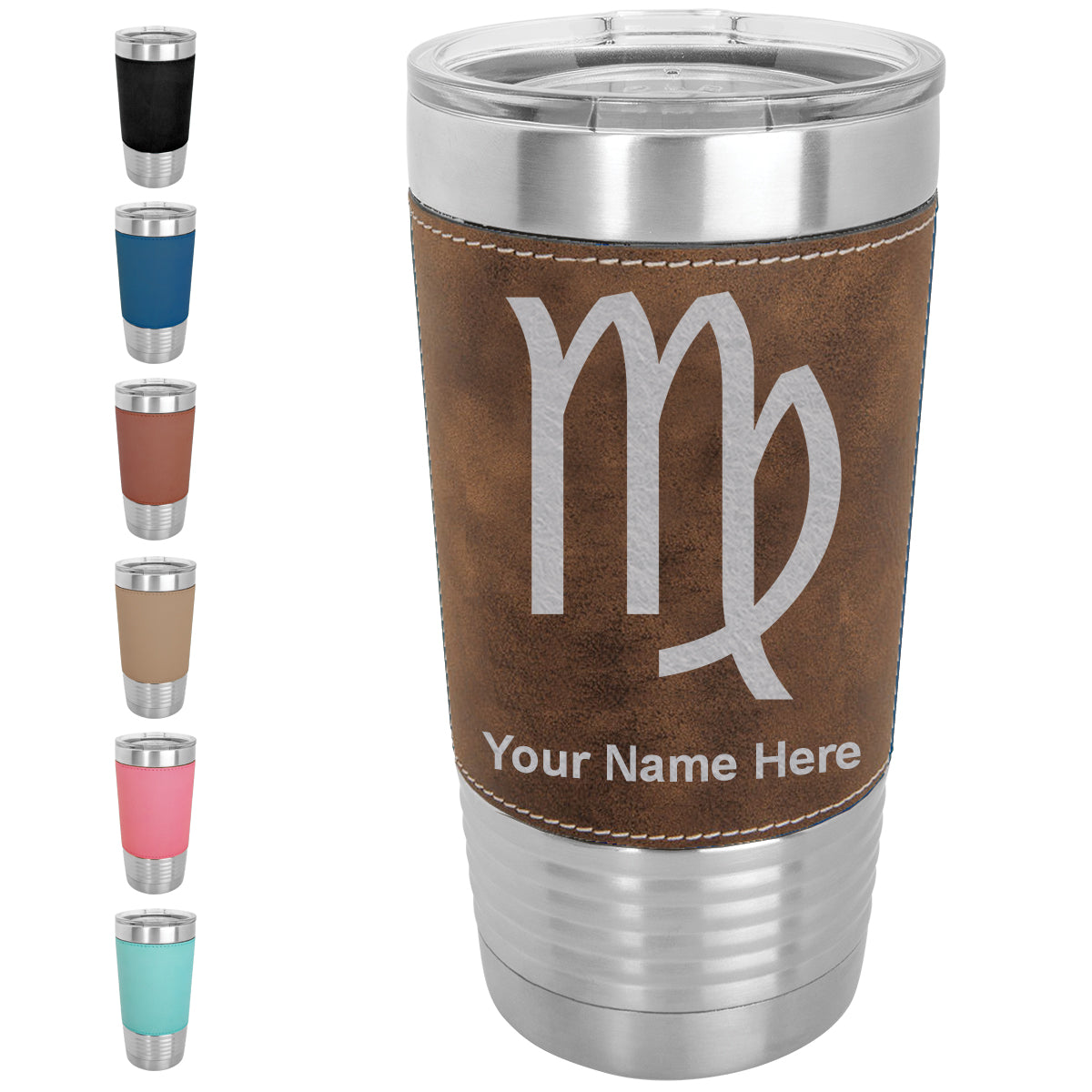 20oz Faux Leather Tumbler Mug, Zodiac Sign Virgo, Personalized Engraving Included