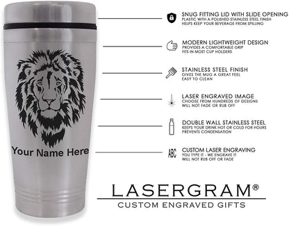 Commuter Travel Mug, Lion Head, Personalized Engraving Included